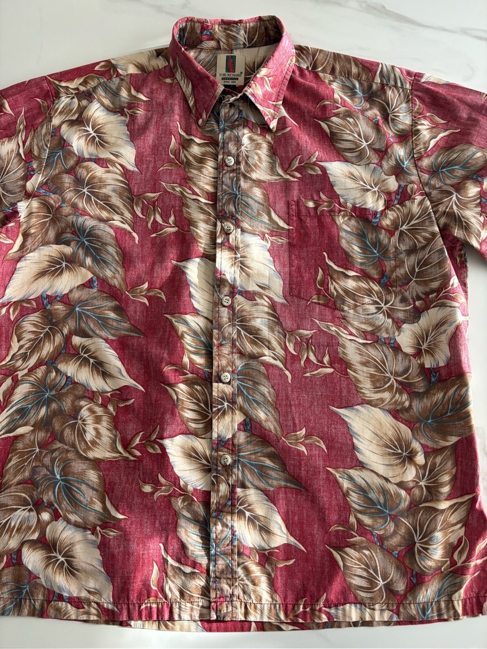 Tori Richard Red Tropical Leaf Print Button-Down Shirt made in Hawaii Sz XL